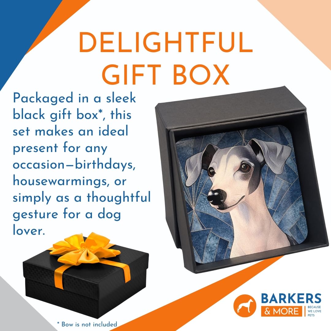 Barkers & More Art Deco Whippet Coasters 6 Different Designs Incl Gift Box Idea for Whippet/Grey Hound Dog Lovers Suitable for Christmas Birthday Mothers Fathers Day Thank You Gesture