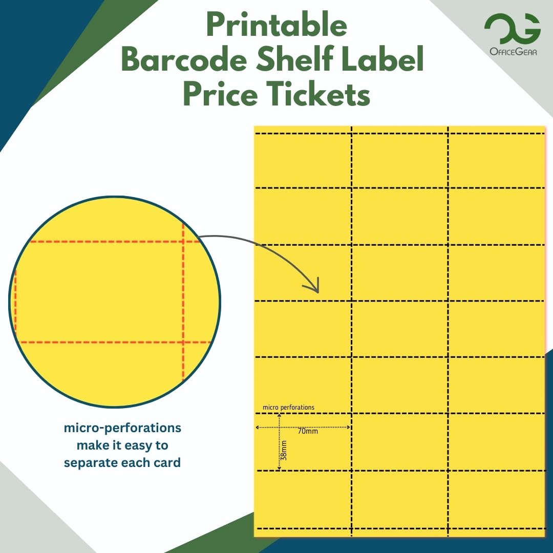 OfficeGear Yellow Shelf Edge Labels [525 Pack] 38x70mm Printable A4 Card 21 Perforated Labels/Sheet for Retail Barcodes, Price Stickers, Point of Sale, Product Info, Shelf Promotions Incl Template