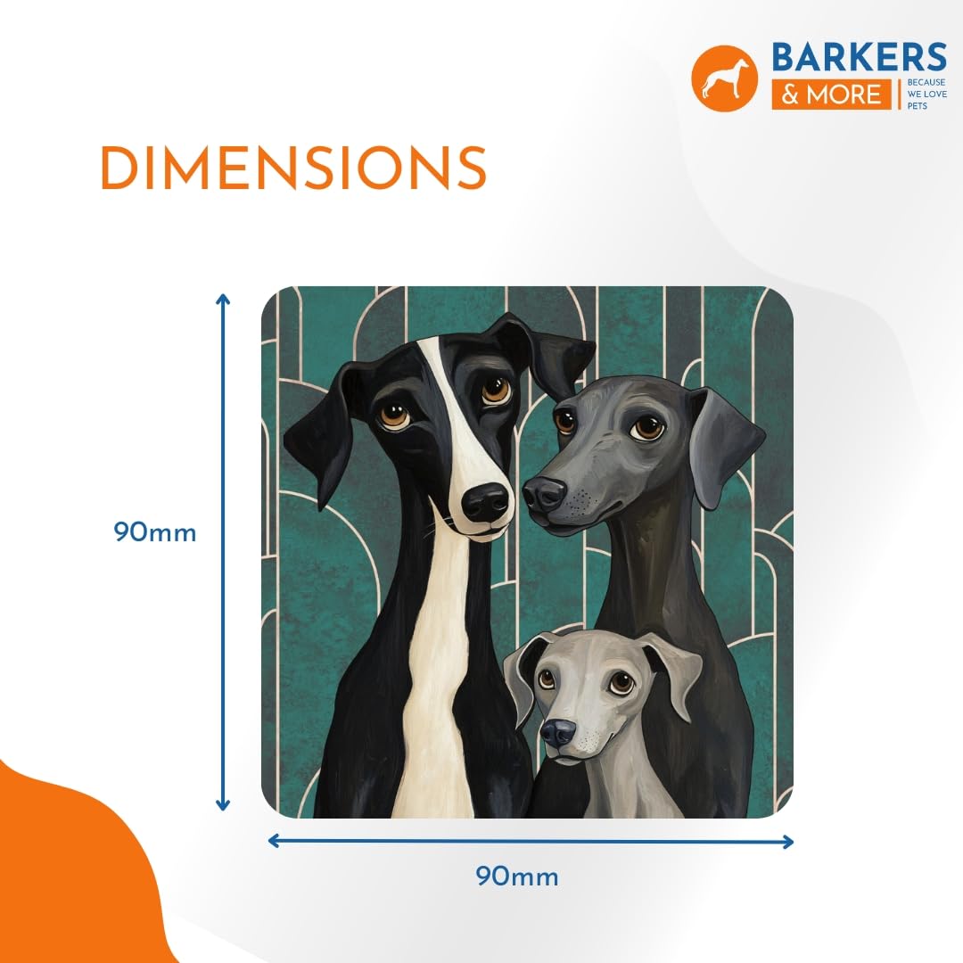 Barkers & More Art Deco Whippet Coasters 6 Different Designs Incl Gift Box Idea for Whippet/Grey Hound Dog Lovers Suitable for Christmas Birthday Mothers Fathers Day Thank You Gesture