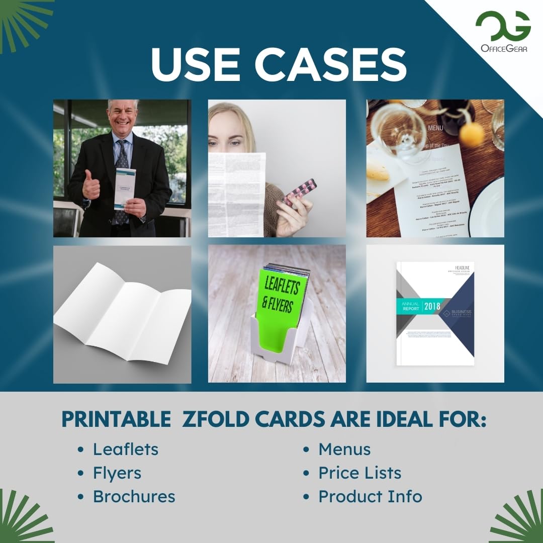 OfficeGear ZFold Trifold Menu Flyer Cards 1-up [25 Sheets - 25 Cards] Perforated Printable A4 150gsm 3-Part Folding Cards for Restaurant Menus, Brochures incl Downloadable Design Template