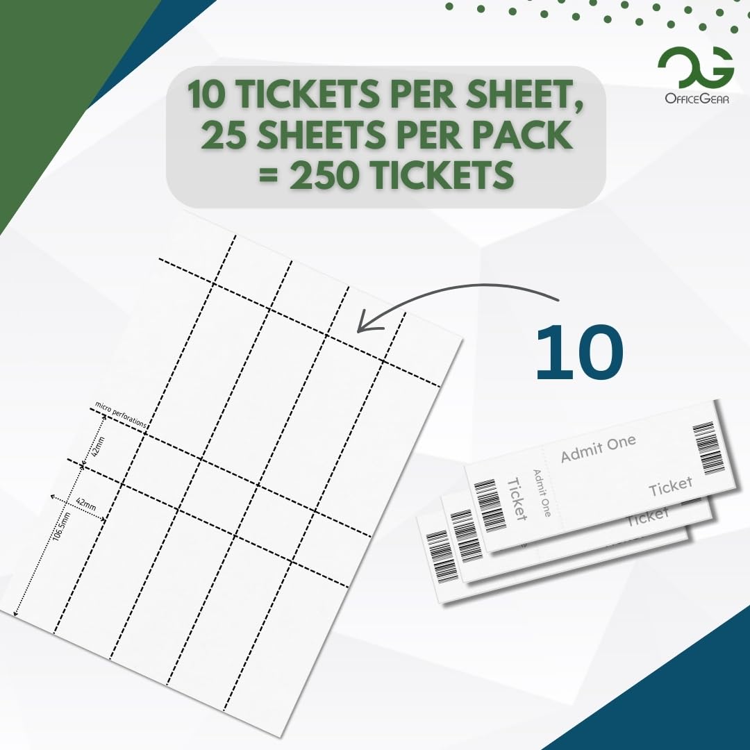 OfficeGear Event Tickets 10-Up: Perforated Printable Tickets and Stubs - 25 Sheets / 250 Tickets with Free Template