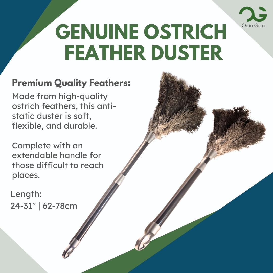 OfficeGear Extendable Genuine Ostrich Feather Duster [62-78cm] - Cleaning Lights, Doorways, Skirting, Cupboards, Ceilings