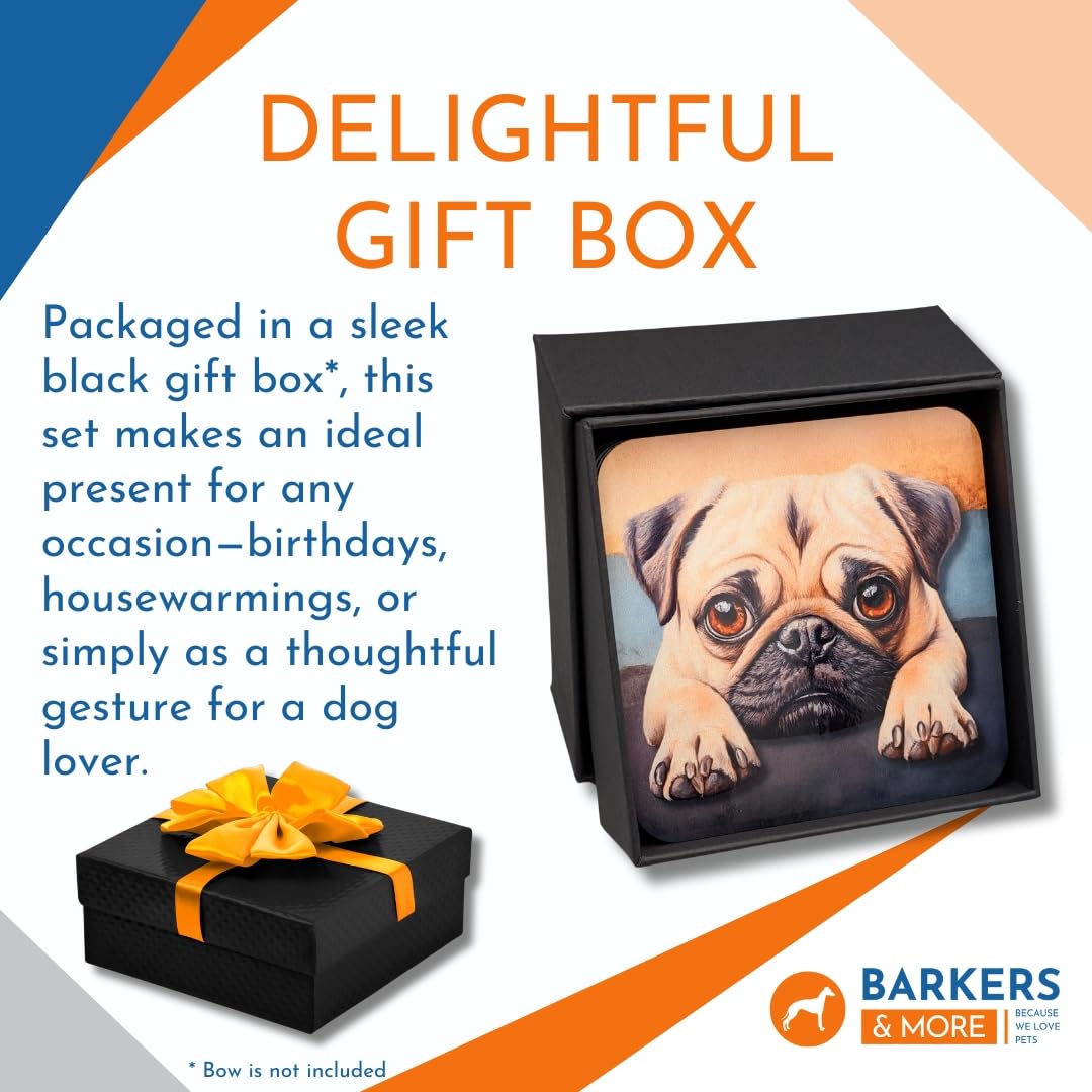 Barkers & More Art Deco Pug Coasters 6 Different Designs Incl Gift Box Idea for Pug Dog Lovers Suitable for Christmas Birthday Mothers Fathers Day Thank You Gesture