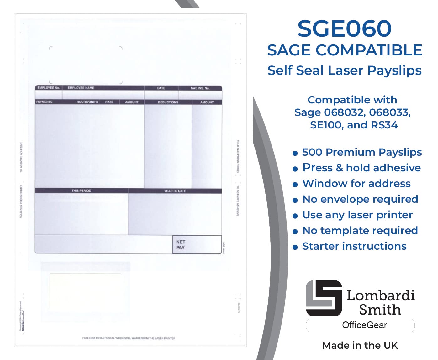 OfficeGear Sage Paylsips SGE060: 500 Sheets - No Template Needed