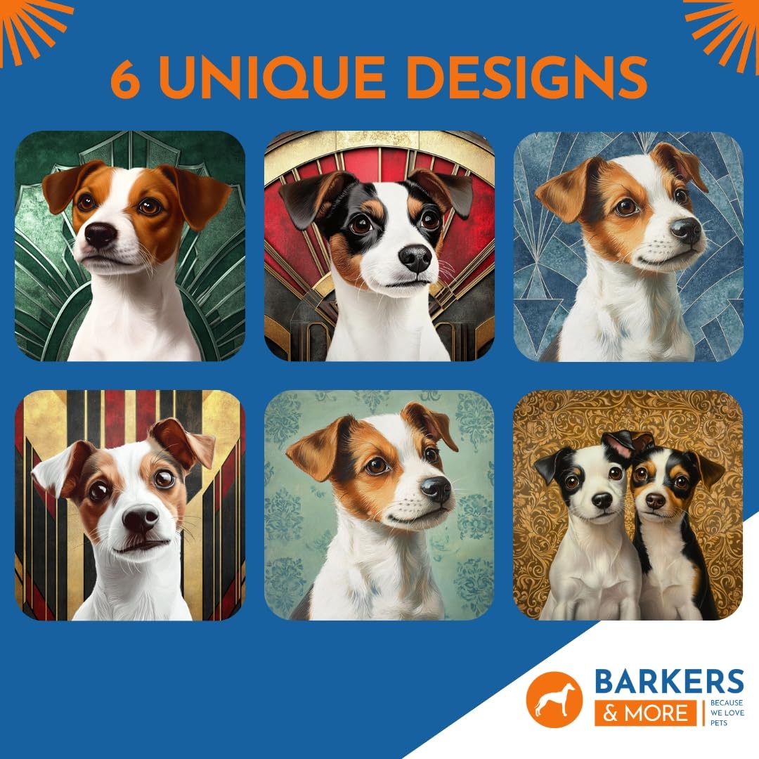 Barkers & More Art Deco Terrier Coasters 6 Different Designs Incl Gift Box Idea for Jack Russell Dog Lovers Suitable for Christmas Birthday Mothers Fathers Day Thank You Gesture