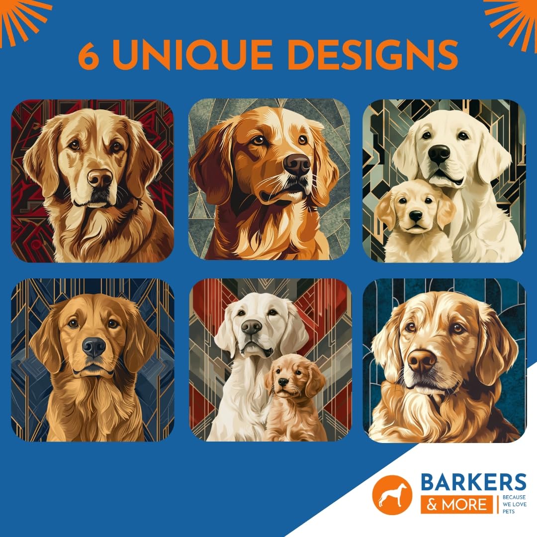 Barkers & More Art Deco Golden Retriever Coasters 6 Different Designs Incl Gift Box Idea for Retriever Dog Lovers Suitable for Christmas Birthday Mothers Fathers Day Thank You Gesture