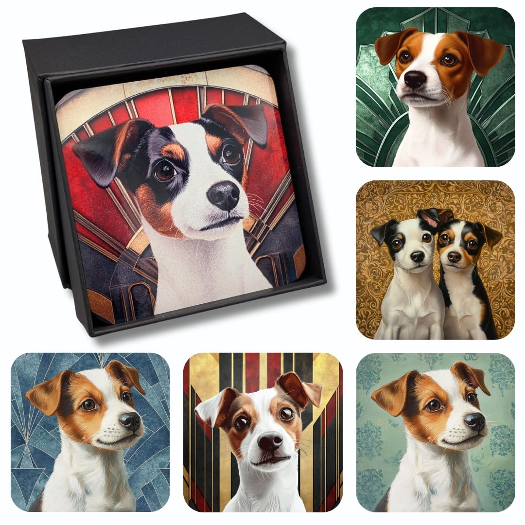 Barkers & More Art Deco Terrier Coasters 6 Different Designs Incl Gift Box Idea for Jack Russell Dog Lovers Suitable for Christmas Birthday Mothers Fathers Day Thank You Gesture