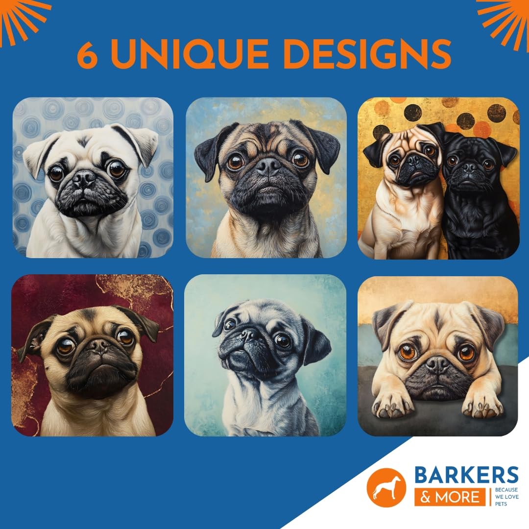 Barkers & More Art Deco Pug Coasters 6 Different Designs Incl Gift Box Idea for Pug Dog Lovers Suitable for Christmas Birthday Mothers Fathers Day Thank You Gesture