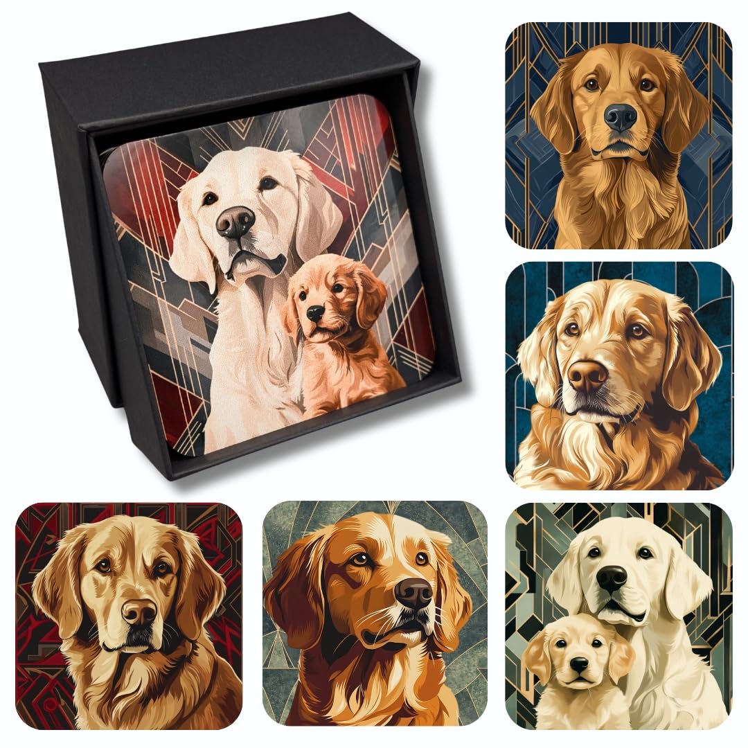 Barkers & More Art Deco Golden Retriever Coasters 6 Different Designs Incl Gift Box Idea for Retriever Dog Lovers Suitable for Christmas Birthday Mothers Fathers Day Thank You Gesture