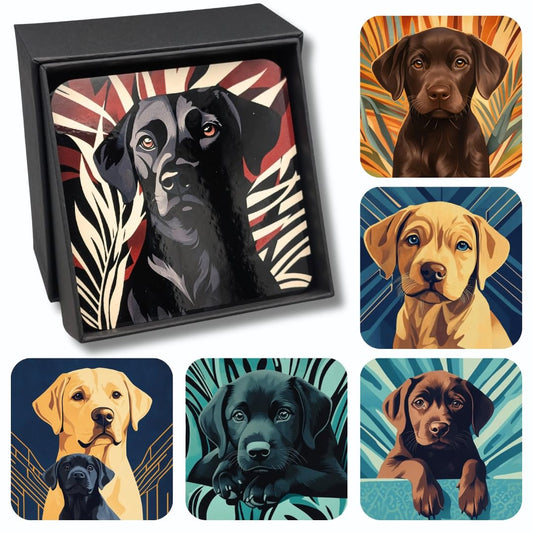 Barkers & More Art Deco Labrador Coasters 6 Different Designs Incl Gift Box Idea for Labrador Dog Lovers Suitable for Christmas Birthday Mothers Fathers Day Thank You Gesture