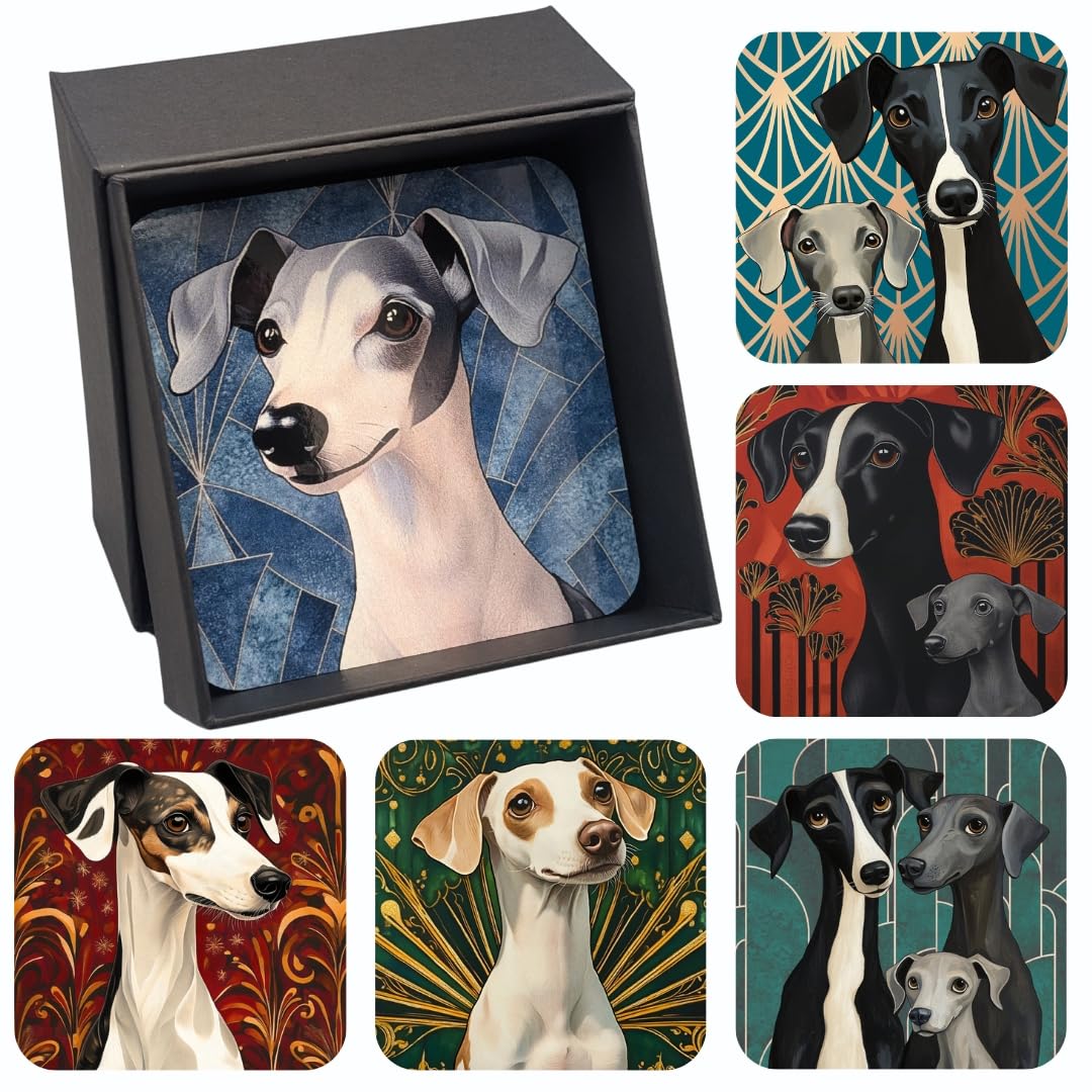 Barkers & More Art Deco Whippet Coasters 6 Different Designs Incl Gift Box Idea for Whippet/Grey Hound Dog Lovers Suitable for Christmas Birthday Mothers Fathers Day Thank You Gesture