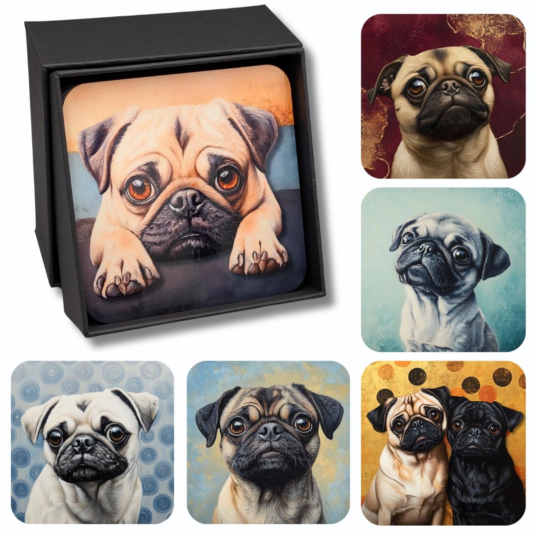 Barkers & More Art Deco Pug Coasters 6 Different Designs Incl Gift Box Idea for Pug Dog Lovers Suitable for Christmas Birthday Mothers Fathers Day Thank You Gesture