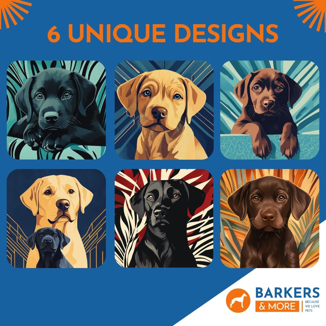 Barkers & More Art Deco Labrador Coasters 6 Different Designs Incl Gift Box Idea for Labrador Dog Lovers Suitable for Christmas Birthday Mothers Fathers Day Thank You Gesture