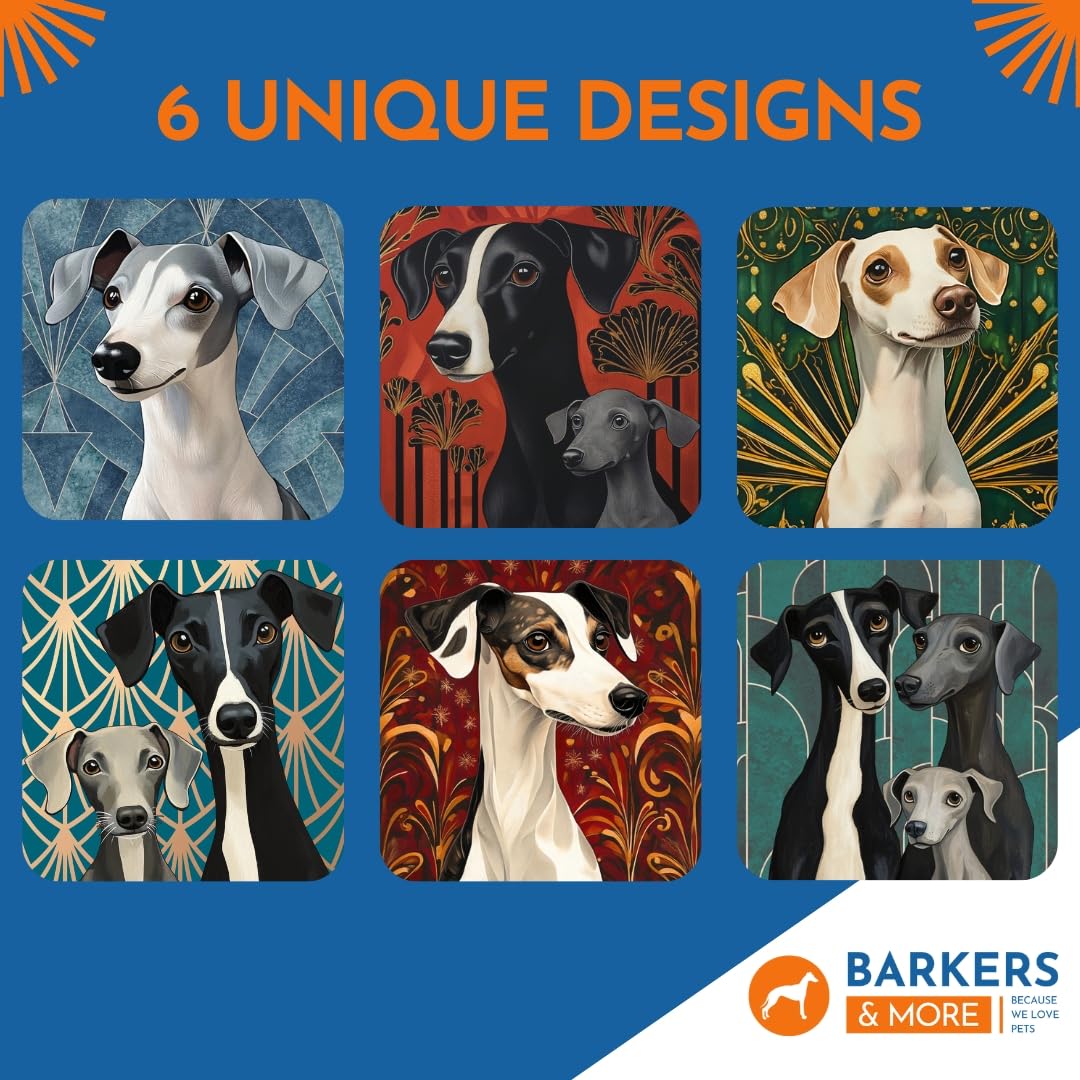 Barkers & More Art Deco Whippet Coasters 6 Different Designs Incl Gift Box Idea for Whippet/Grey Hound Dog Lovers Suitable for Christmas Birthday Mothers Fathers Day Thank You Gesture