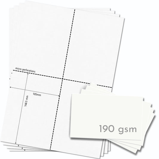 OfficeGear Thick A6 Cards 4-Up 190gsm: Perforated Printable Cards - 30 Sheets / 120 Cards with Free Template