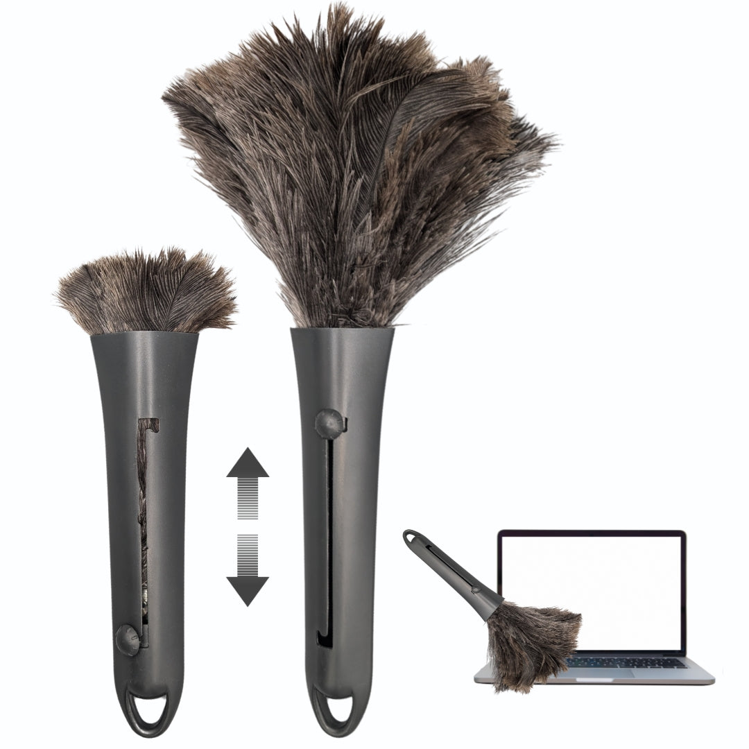 OfficeGear Retractable Genuine Ostrich Feather Duster [26-36cm] - Convenient Office Desktop Household Dust Removal Tool With Own Storage Case