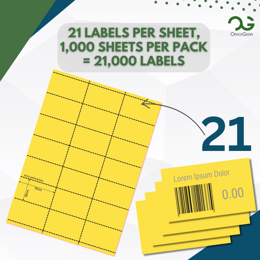 OfficeGear Yellow Shelf Edge Labels 21-up [BULK PACKS] Printable A4 Sheets Perforated 38x70mm Barcode Price Shelf Labels with Downloadable Design Template