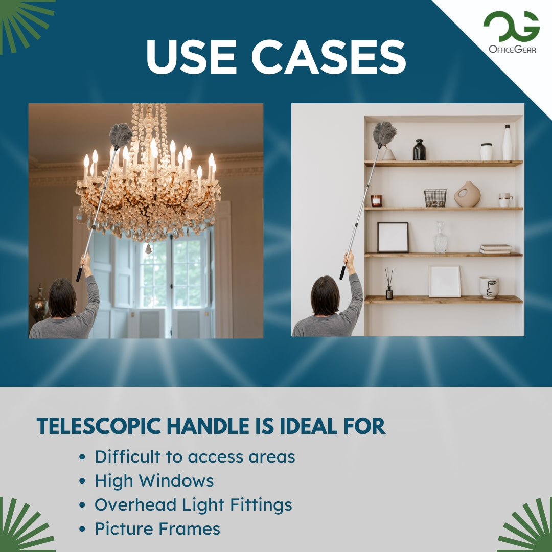 OfficeGear Extendable Telescopic Genuine Ostrich Feather Duster Large - Cleaning Lights, Doorways, Skirting, Cupboards, Ceilings