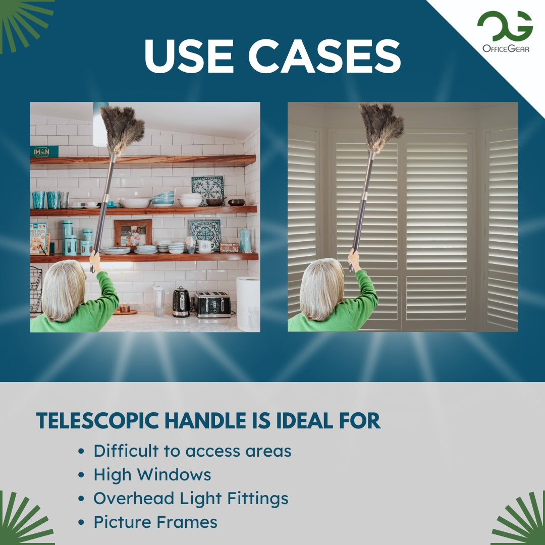 OfficeGear Extendable Genuine Ostrich Feather Duster [62-78cm] - Cleaning Lights, Doorways, Skirting, Cupboards, Ceilings