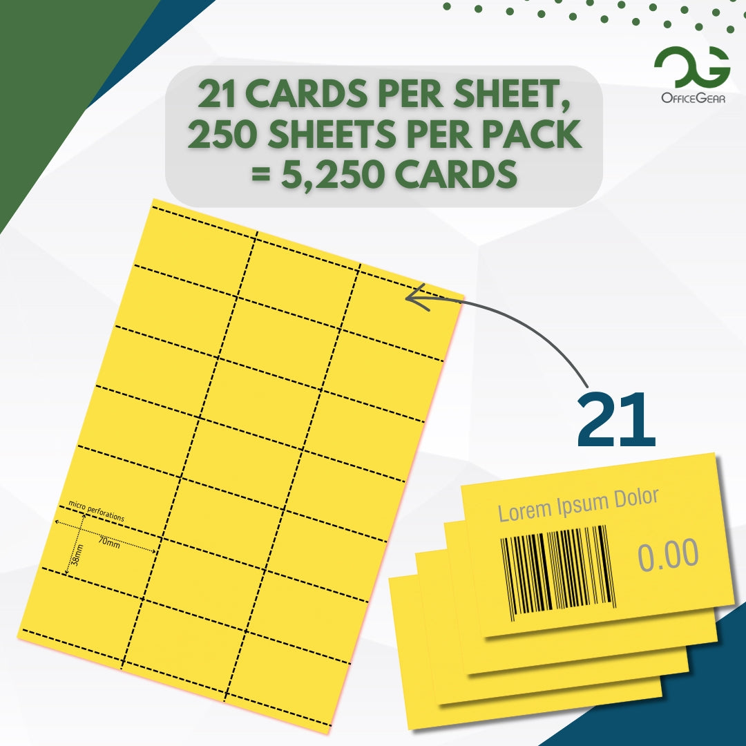 OfficeGear Yellow Shelf Edge Labels 21-up [BULK PACKS] Printable A4 Sheets Perforated 38x70mm Barcode Price Shelf Labels with Downloadable Design Template