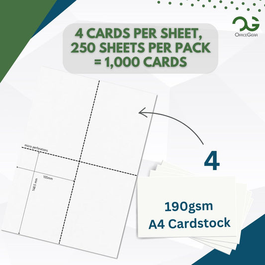 OfficeGear [Bulk Pack 1,000 Cards] Thick A6 Cards 4-Up 190gsm: Perforated Printable Cards - 250 Sheets / 1,000 Cards with Free Template (Copy)