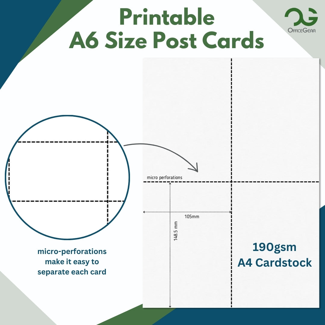 OfficeGear [Bulk Pack 1,000 Cards] Thick A6 Cards 4-Up 190gsm: Perforated Printable Cards - 250 Sheets / 1,000 Cards with Free Template (Copy)