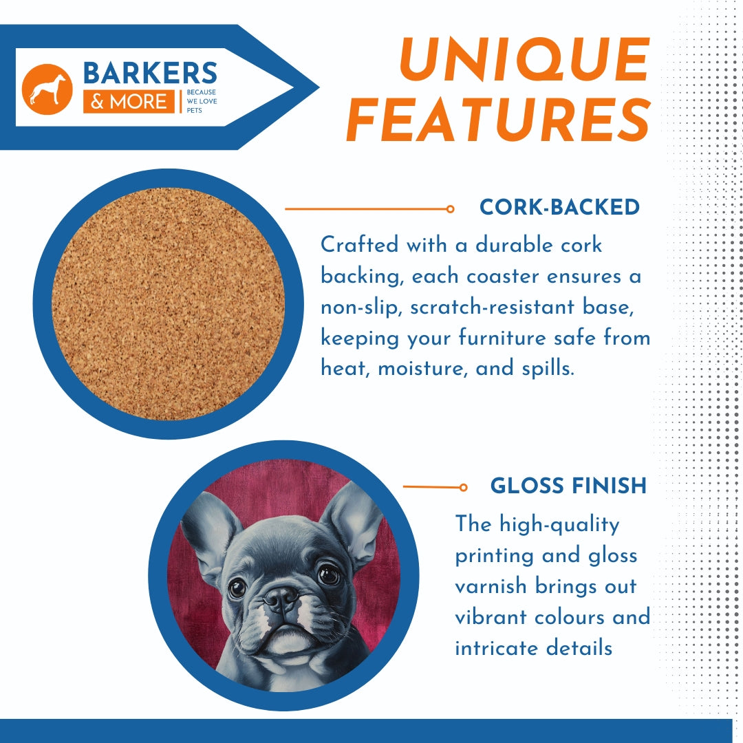 Barkers & More Art Deco French Bulldog Coasters 6 Different Designs Incl Gift Box Idea for Frenchie Lovers Suitable for Christmas Birthday Mothers Fathers Day Thank You Gesture