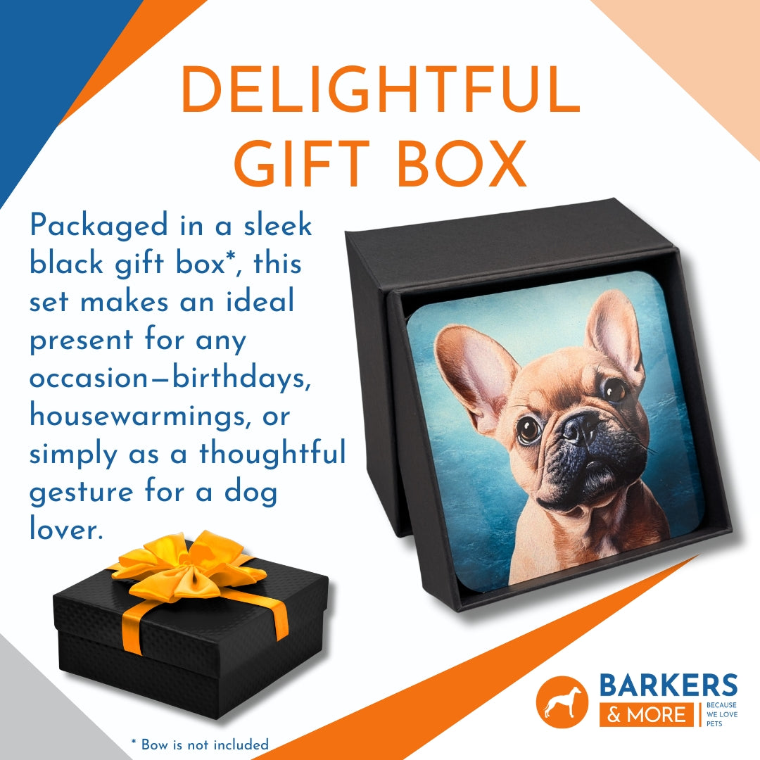 Barkers & More Art Deco French Bulldog Coasters 6 Different Designs Incl Gift Box Idea for Frenchie Lovers Suitable for Christmas Birthday Mothers Fathers Day Thank You Gesture