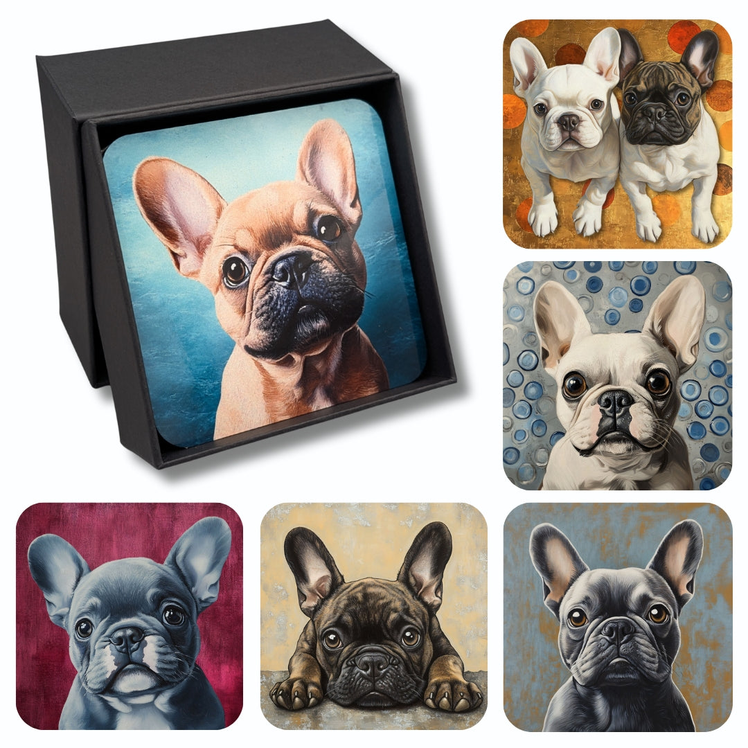 Barkers & More Art Deco French Bulldog Coasters 6 Different Designs Incl Gift Box Idea for Frenchie Lovers Suitable for Christmas Birthday Mothers Fathers Day Thank You Gesture