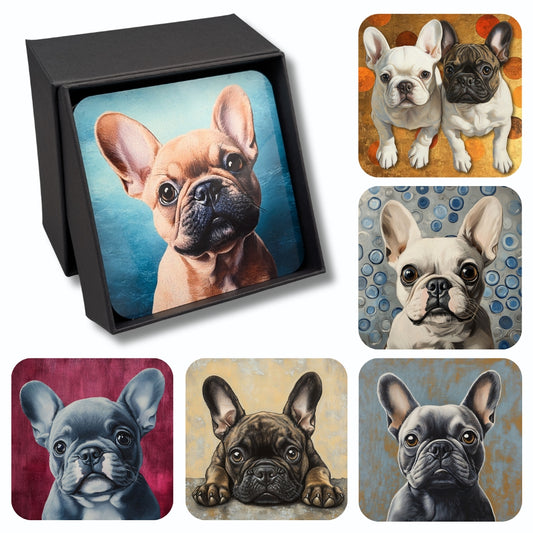 Barkers & More Art Deco French Bulldog Coasters 6 Different Designs Incl Gift Box Idea for Frenchie Lovers Suitable for Christmas Birthday Mothers Fathers Day Thank You Gesture