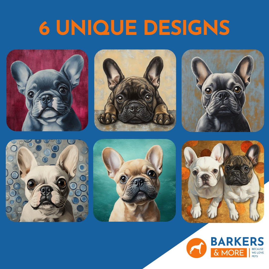 Barkers & More Art Deco French Bulldog Coasters 6 Different Designs Incl Gift Box Idea for Frenchie Lovers Suitable for Christmas Birthday Mothers Fathers Day Thank You Gesture