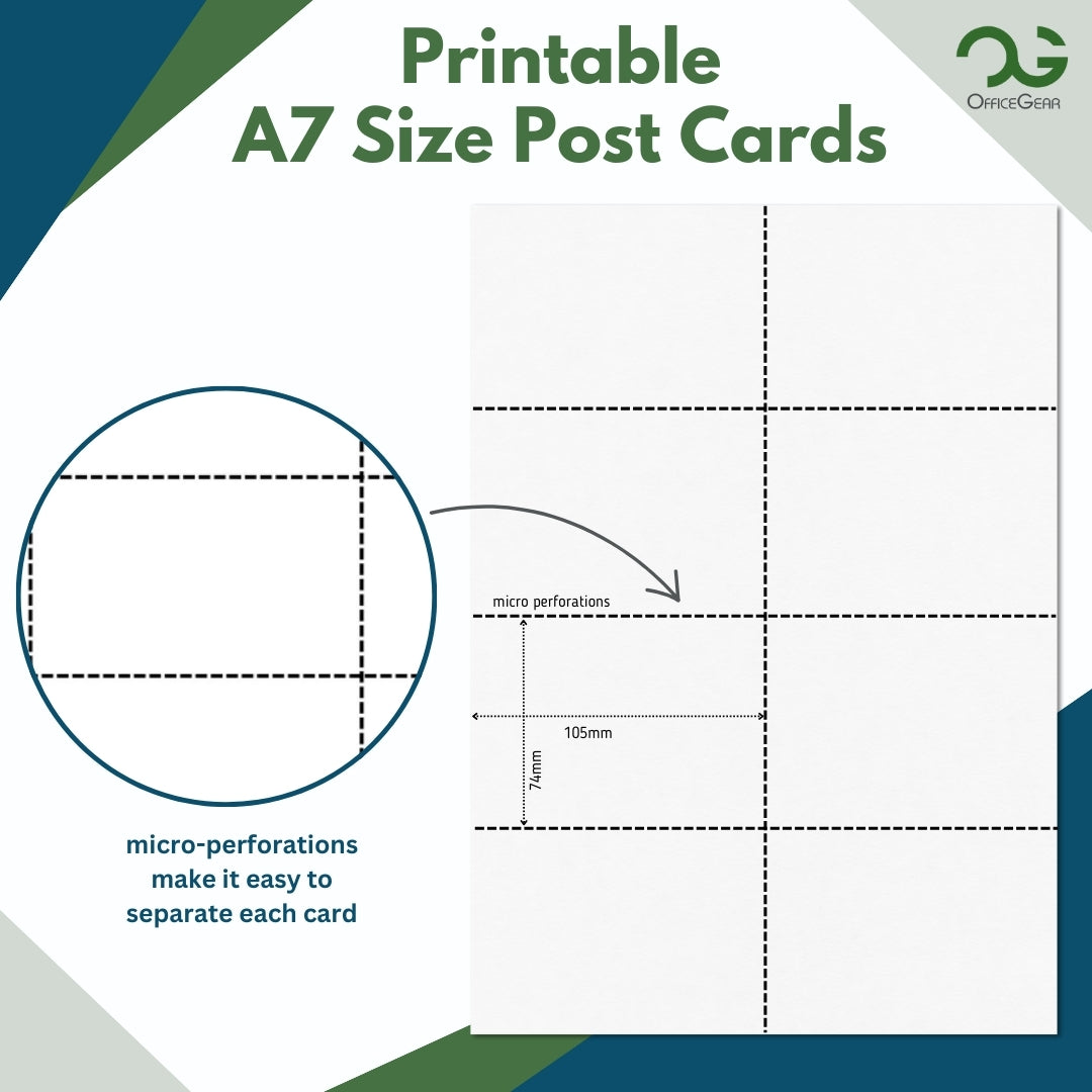 OfficeGear Perforated Printable A7 Cards 8-Up per A4 [BULK PACKS] Record Cards 74x105mm - White A4 Printable Card 150 GSM - Free Template