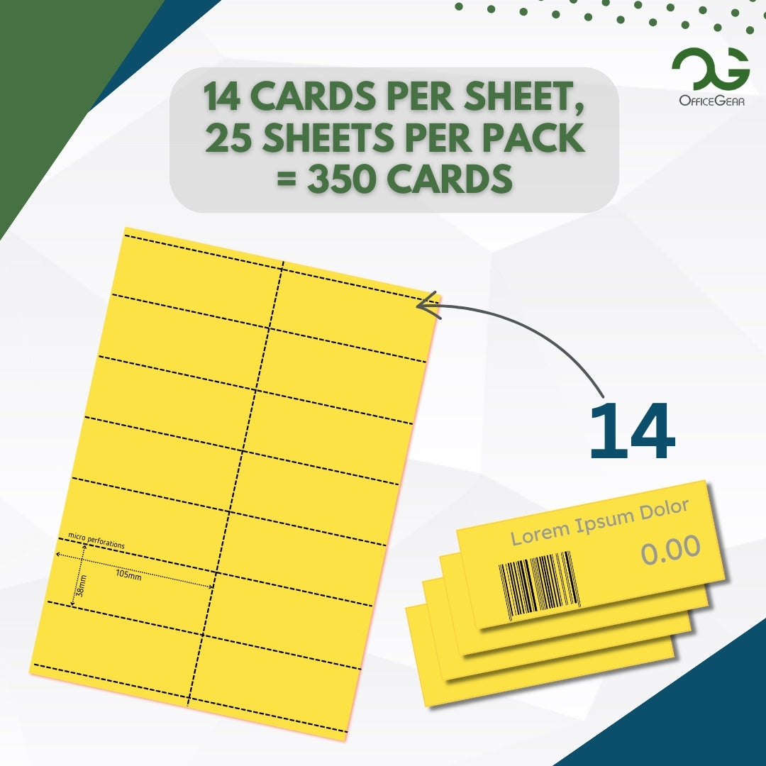 OfficeGear Shelf Labels 14-Up: Yellow Perforated Printable Labels - 25 Sheets / 350 Labels with Free Template